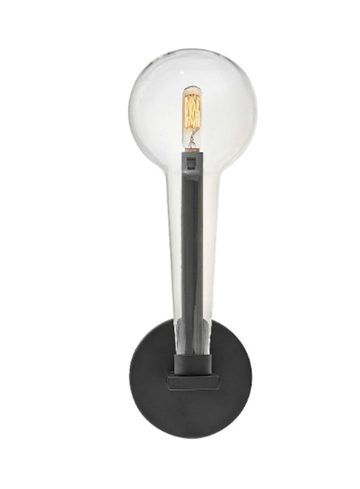 A modern outdoor wall lantern with a black finish and clear glass panels featuring a rectangular design.