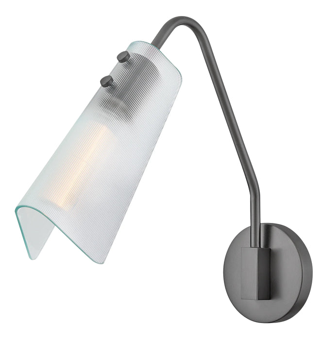 A modern ceiling fan with three dark gray blades and a cylindrical light kit.