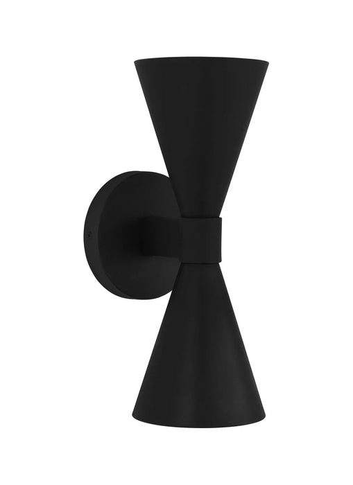 A modern outdoor wall light with a textured black finish and a clear seeded glass panel.