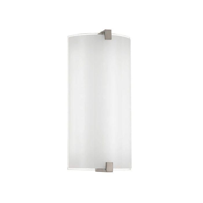 A modern wall sconce with a polished nickel finish and a cylindrical white glass shade.