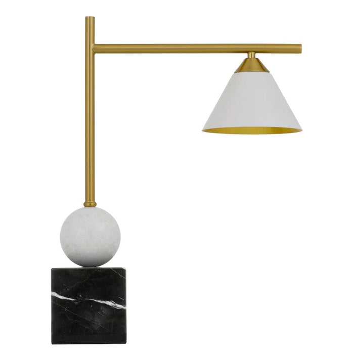 Black table lamp with a cylindrical base and an opal glass shade.