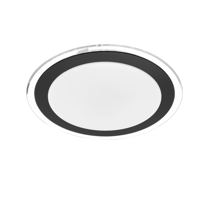 A close-up of a modern ceiling fan with black blades.