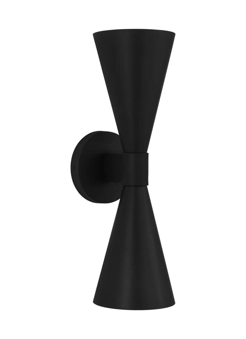 A modern outdoor wall light with a textured black finish and a clear seeded glass panel.