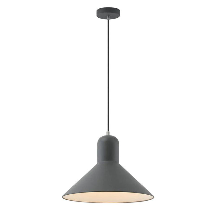 Black pendant light with a cylindrical shade and a conical diffuser.