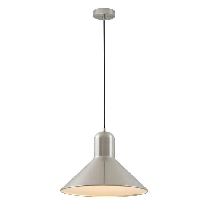 Nickel pendant light with a cylindrical shade and a conical diffuser.