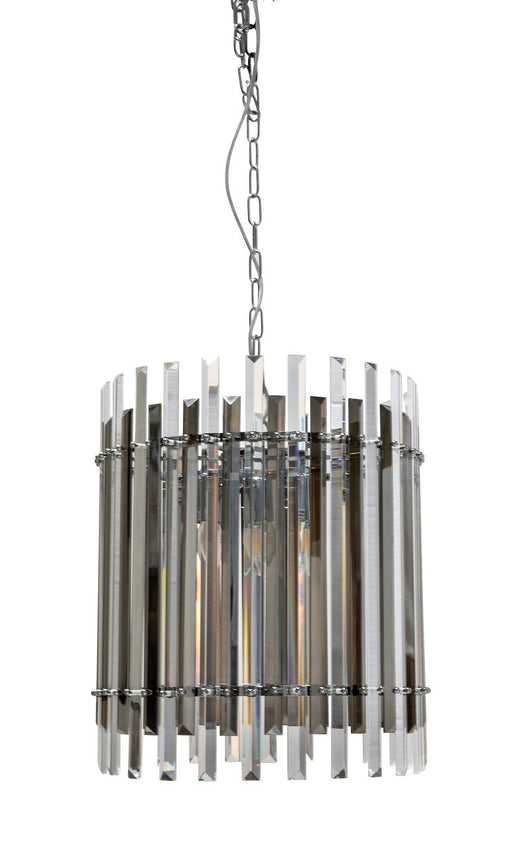 Modern black five-light pendant light with spherical frosted shades.