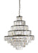 Modern black eight-light linear pendant with exposed spherical bulbs.