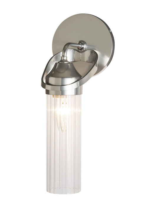 A modern ceiling fan with five light wood-tone blades and a central light kit.