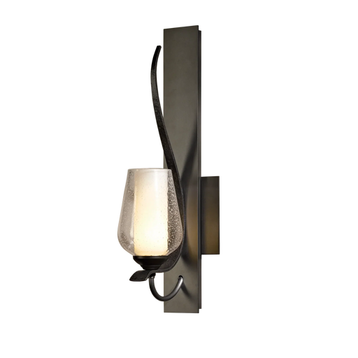 A modern ceiling fan with five dark wood-tone blades and an integrated circular light.