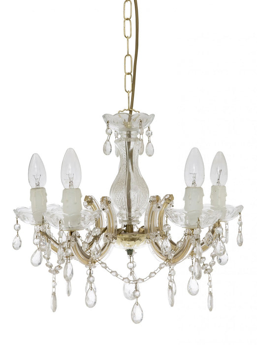 Modern black and brass four-light linear pendant with spherical clear glass shades, side view.