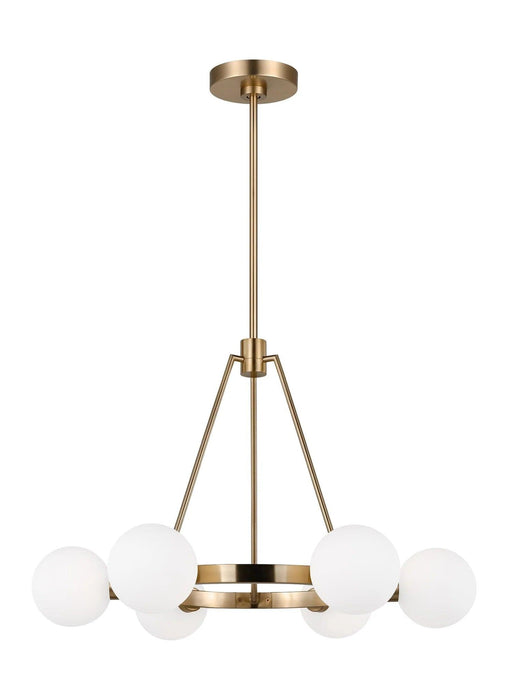 Bronze modern linear chandelier with six cylindrical clear glass shades.