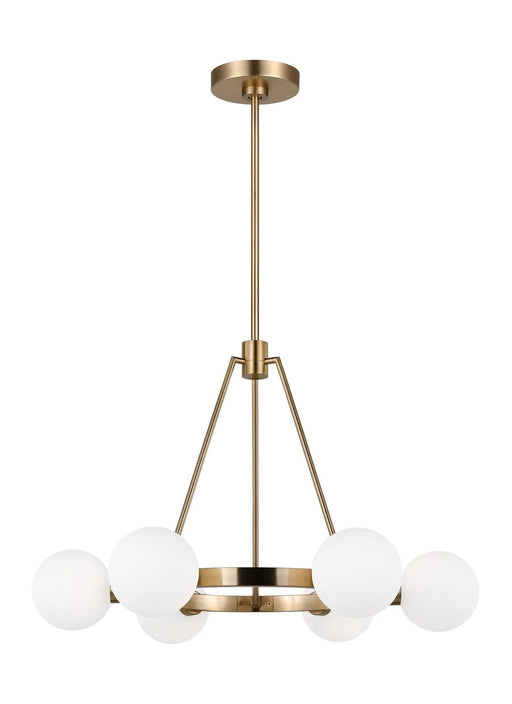 Bronze modern linear chandelier with six cylindrical clear glass shades.