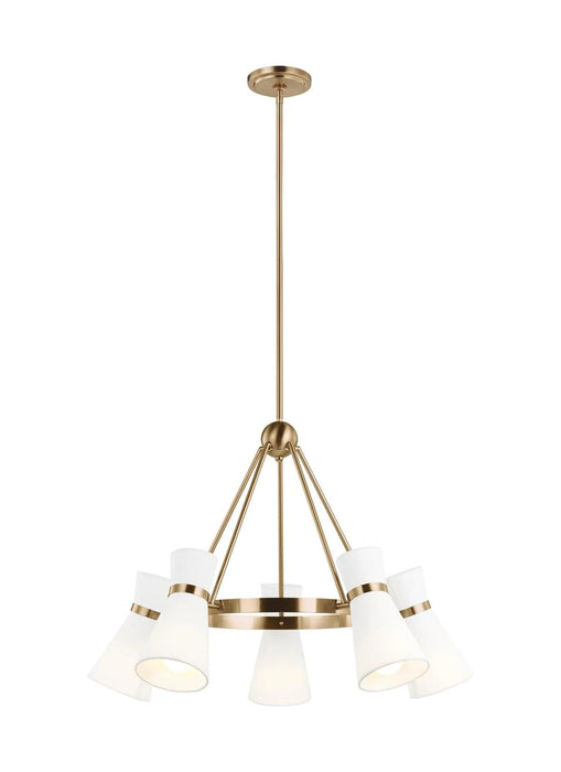 Bronze modern linear chandelier with five cylindrical clear glass shades.