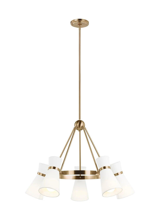 Bronze modern linear chandelier with five cylindrical clear glass shades.