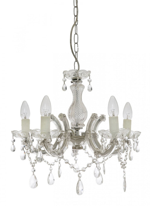 Modern black and brass four-light linear pendant with spherical clear glass shades, angled view.