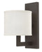 Bronze traditional outdoor wall light with a rectangular shape and clear glass panels, side view.