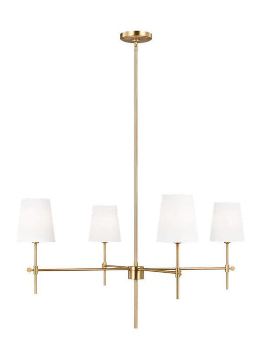 Bronze four-light chandelier with clear seeded glass shades.