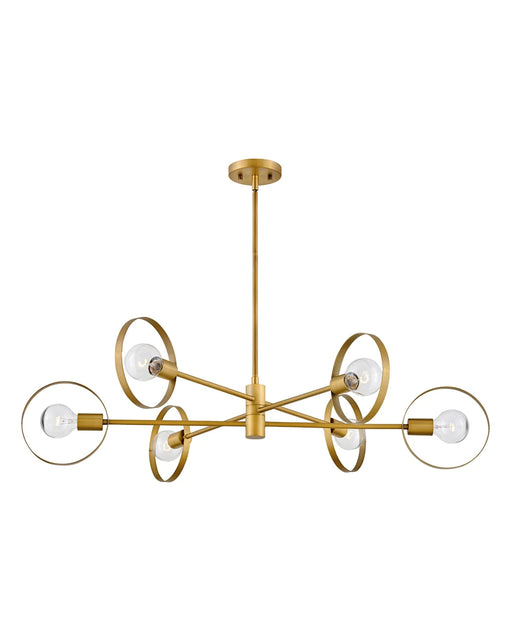 Lacquered brass and clear glass five-light linear chandelier with bell-shaped shades.