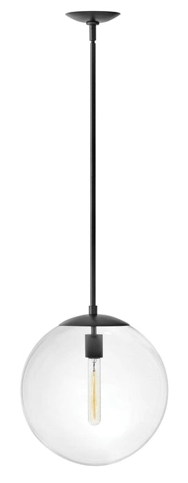Black modern linear chandelier with exposed spherical bulbs.