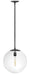 Black modern linear chandelier with exposed spherical bulbs.