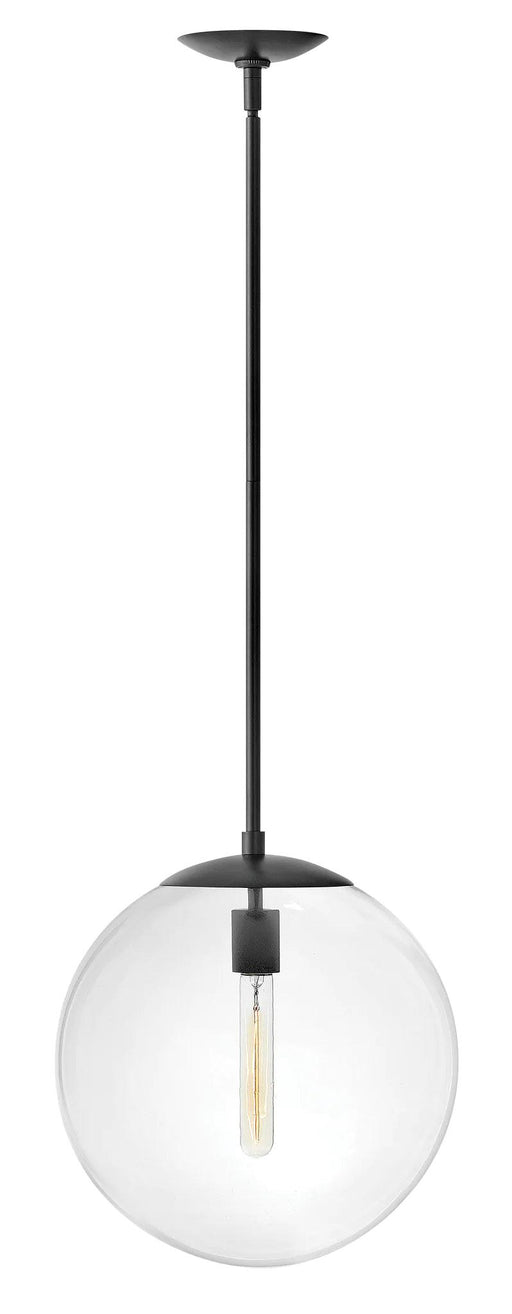 Black modern linear chandelier with exposed spherical bulbs.