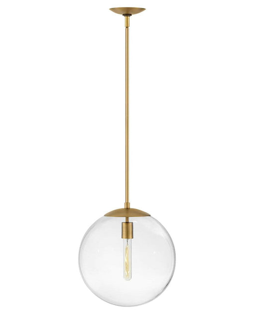 Heritage bronze modern linear chandelier with exposed spherical bulbs.