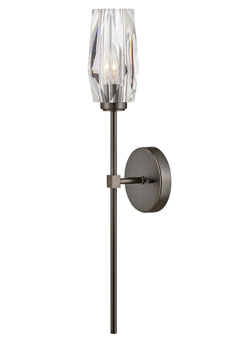 A modern outdoor wall light with a black finish and clear seeded glass featuring a rectangular design.