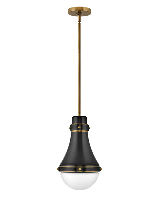 Black modern pendant light with a spherical frosted glass shade.