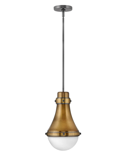 Heritage bronze modern pendant light with a spherical frosted glass shade.