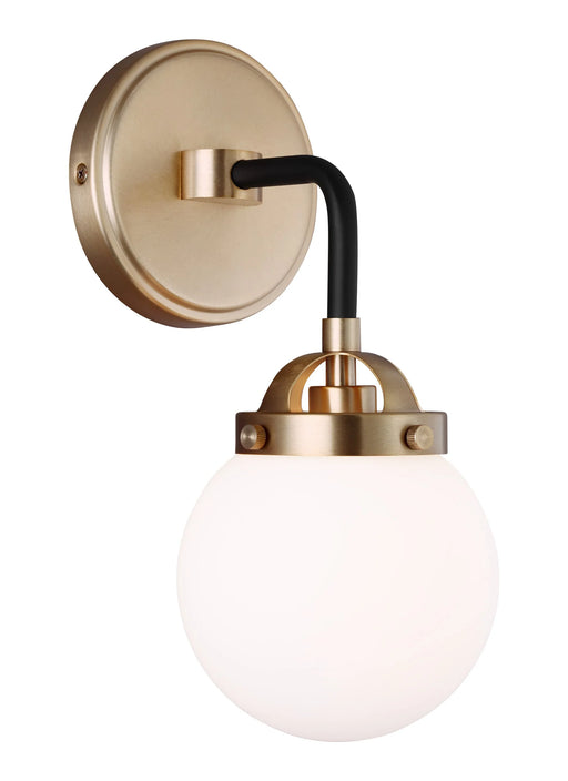 A modern outdoor wall light with a cage-like design and a dark bronze finish casting light upwards and downwards.