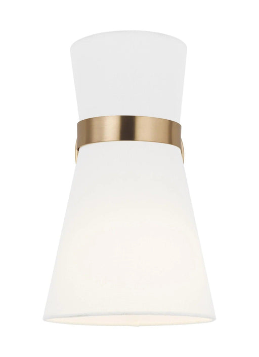 Modern wall sconce with a cylindrical black metal shade and a gold interior, with an up-and-down light effect.