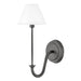 An angled view of a small black modern wall light with a frosted glass diffuser.