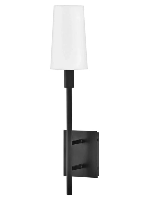 A contemporary outdoor wall light with an arched top and clear seeded glass in a black finish.