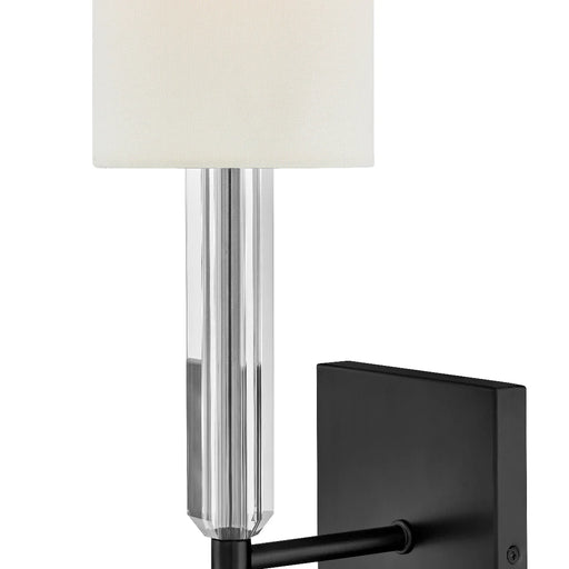 An angled view of a black ceiling fan with rectangular blades.