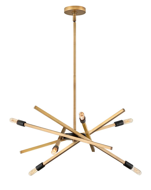Heritage bronze multi-light pendant with five clear seeded glass shades, angled view.