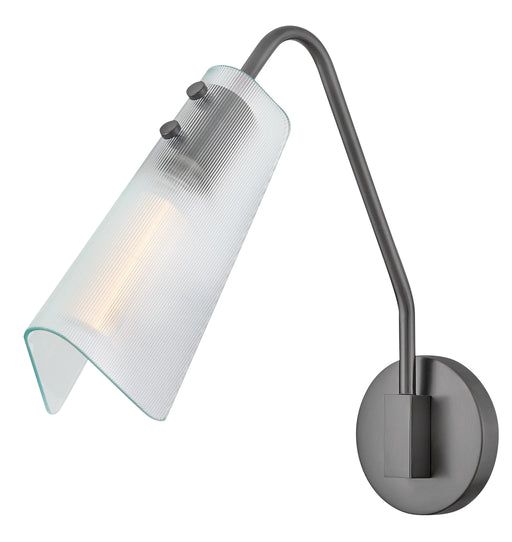 A modern ceiling fan with three dark gray blades and a cylindrical light kit.
