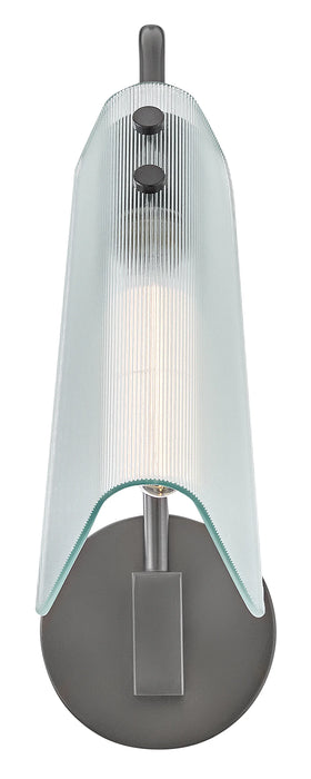 A close-up of a modern dark gray ceiling fan highlighting the blades and light.
