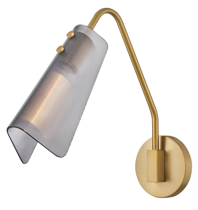 A modern ceiling fan with three light wood-tone blades and a cylindrical light kit.