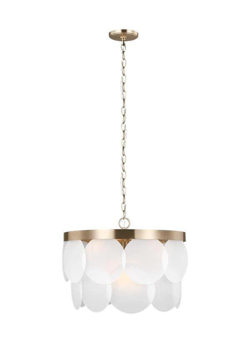 Bronze modern chandelier with six spherical white glass shades.
