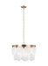 Bronze modern chandelier with six spherical white glass shades.