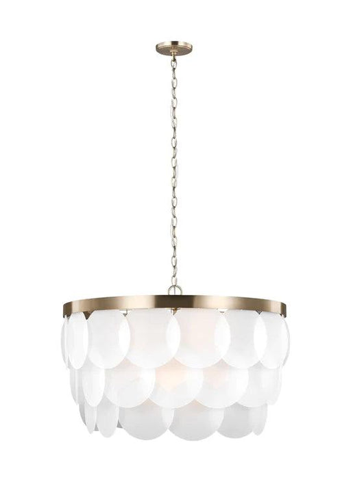 Bronze modern chandelier with eight spherical white glass shades, cropped view.