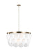 Bronze modern chandelier with eight spherical white glass shades, cropped view.
