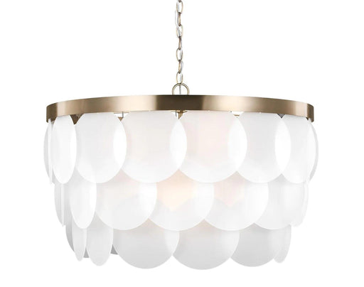 Bronze modern chandelier with eight spherical white glass shades, cropped view.