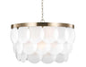 Bronze modern chandelier with eight spherical white glass shades, cropped view.