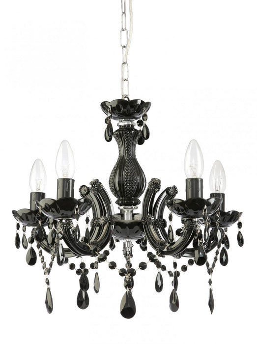 Modern black and brass four-light linear pendant with spherical clear glass shades.