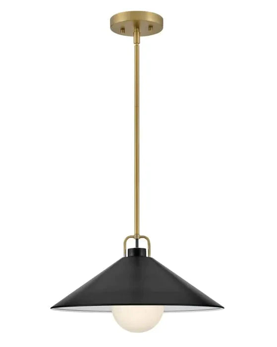 Black and chrome pendant light with a bell-shaped clear glass shade.