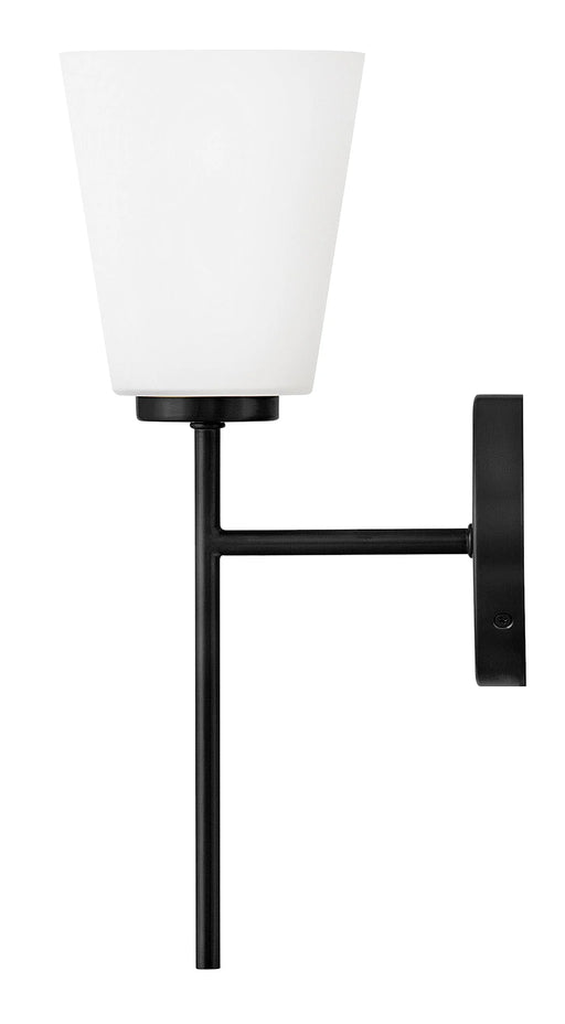 An angled view of a modern black outdoor wall lantern.