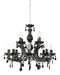 Modern black and brass 12-light linear pendant with spherical clear glass shades, side view.