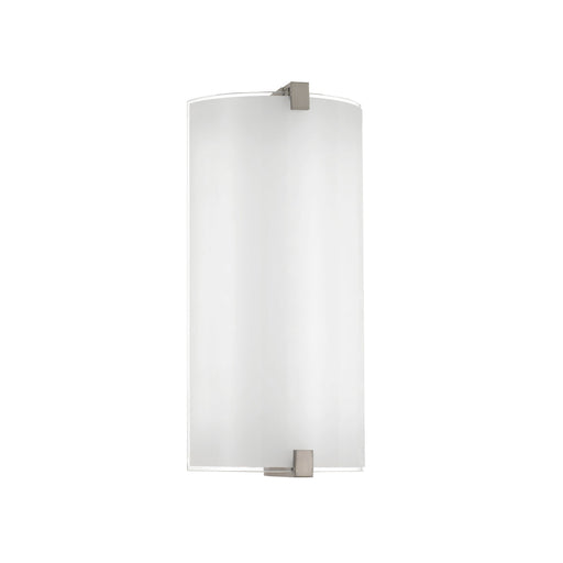 A modern wall sconce with a polished nickel finish and a cylindrical white glass shade.