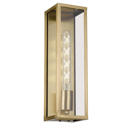 A modern outdoor wall light with an antique bronze finish and a clear cylindrical glass shade.